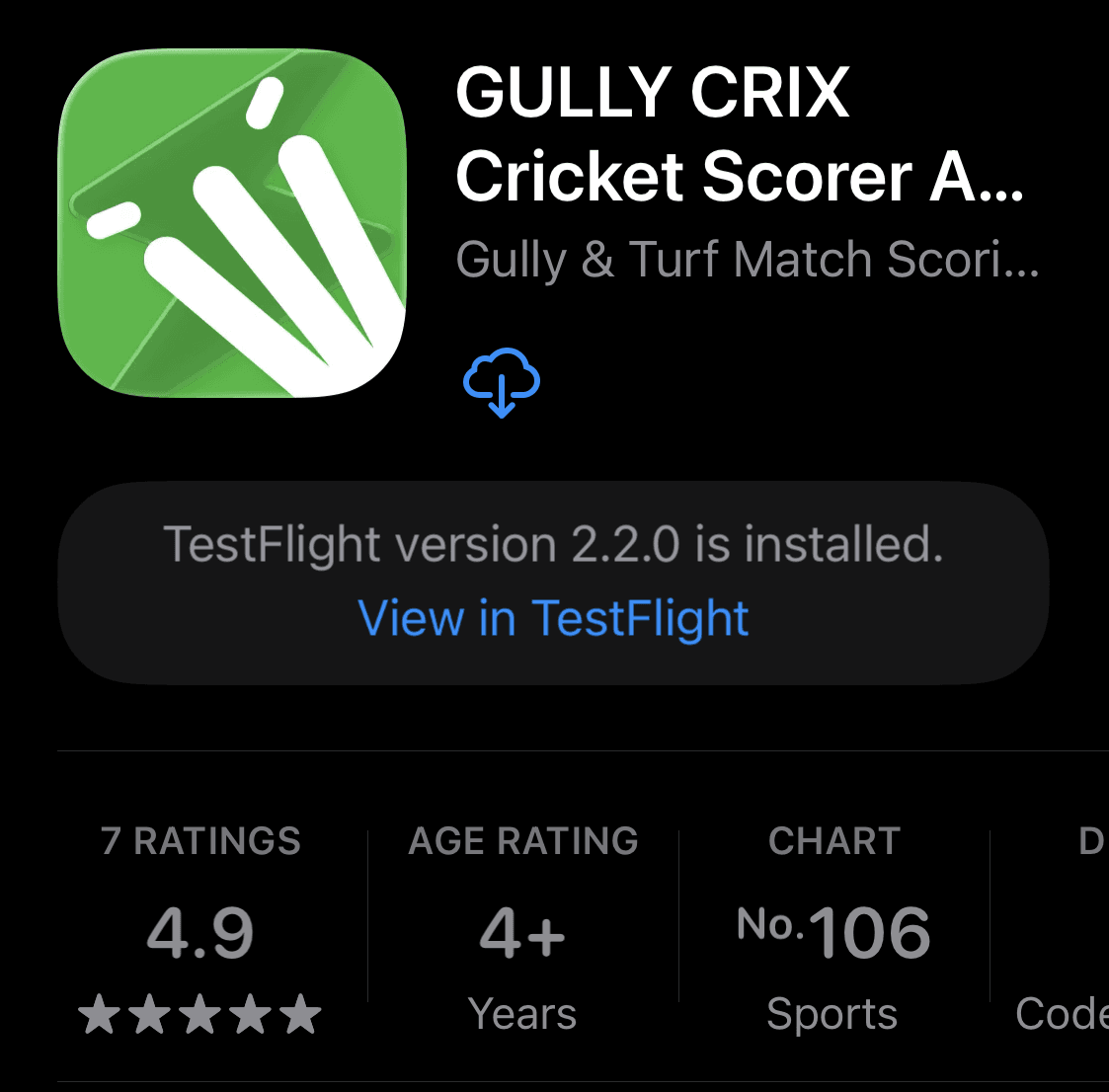 Gully Crix listed at No. 106 in the Sports chart on Apple's App Store