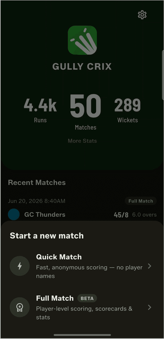 GullyCrix home screen with Quick Match and Full Match mode options