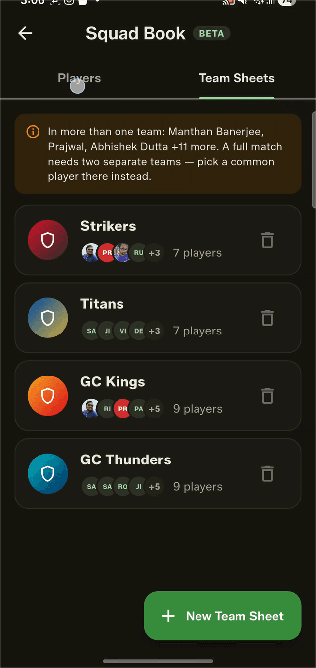 Team Sheets tab showing a banner listing players who appear in more than one team