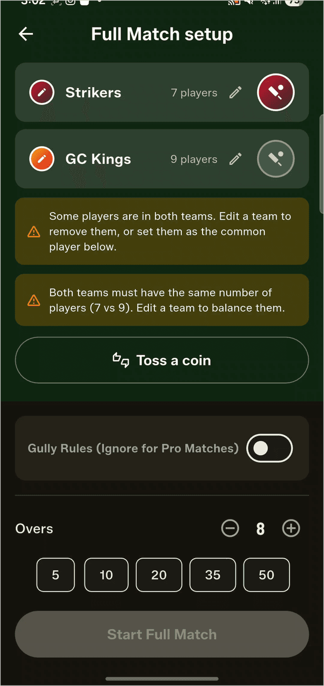 Full Match setup screen showing an unequal-size error and a shared-players error