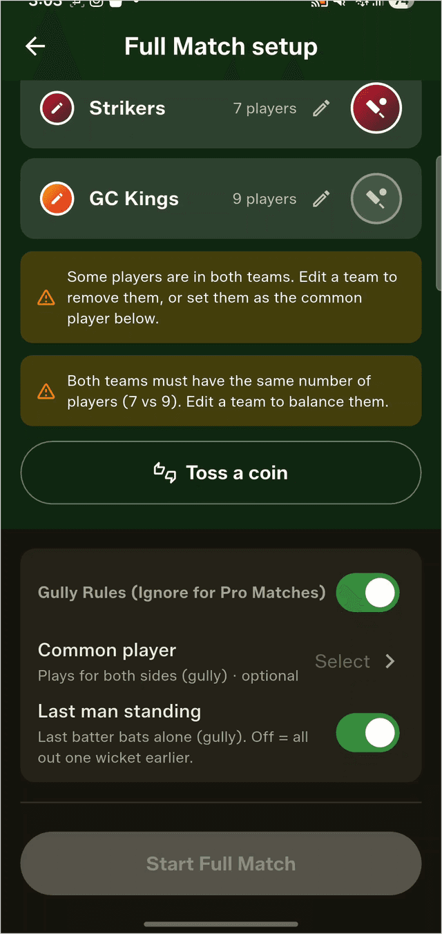 Gully Rules toggle enabled with a Common Player option and Last Man Standing setting