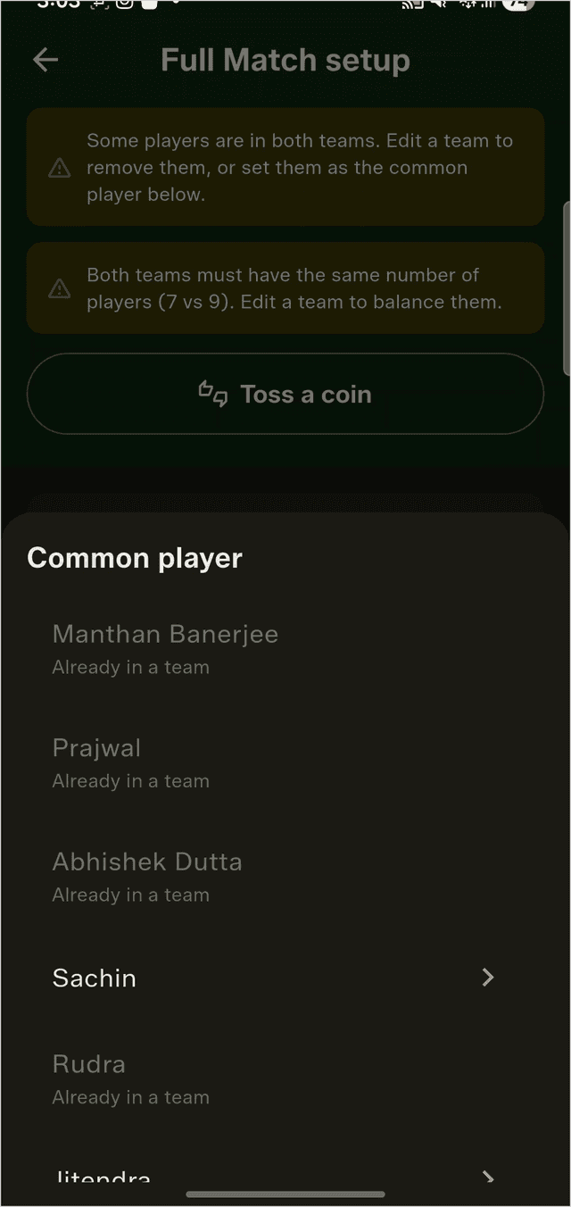 Common Player picker greying out players who are already in one of the selected teams