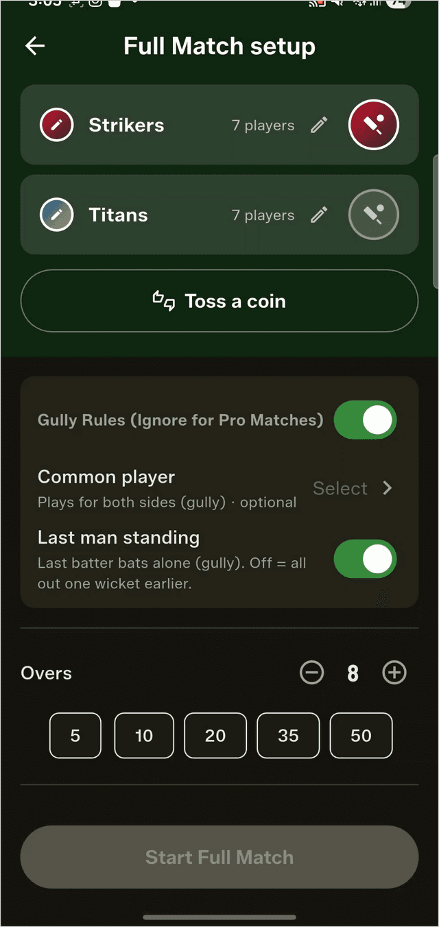 Full Match setup showing Strikers vs Titans, seven a side, with no errors