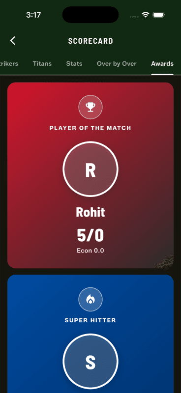 The Awards tab showing Player of the Match with figures, and a Super Hitter card below