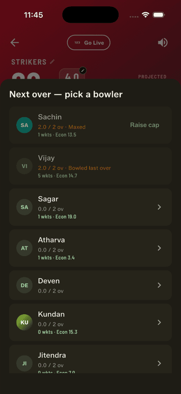 The bowler picker showing a bowler marked Maxed with a Raise cap action, and another greyed out as Bowled last over