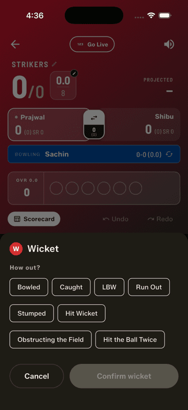 Tap NEXT BALL, then choose how out