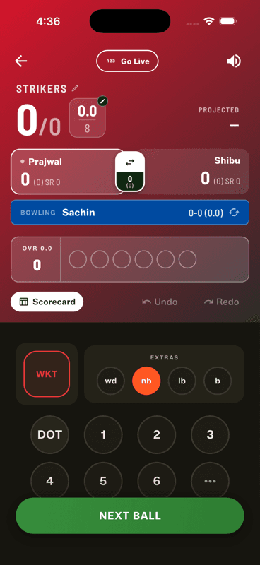 The scoring pad with the no-ball extra and a run value both highlighted before confirming
