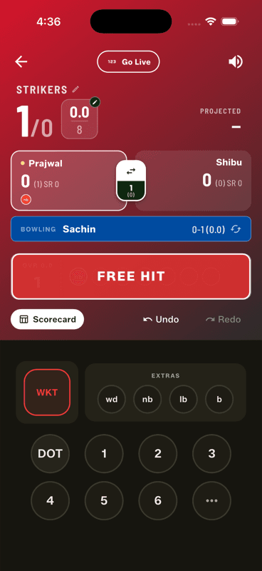 The scoring screen with a red FREE HIT banner replacing the over timeline after a no-ball