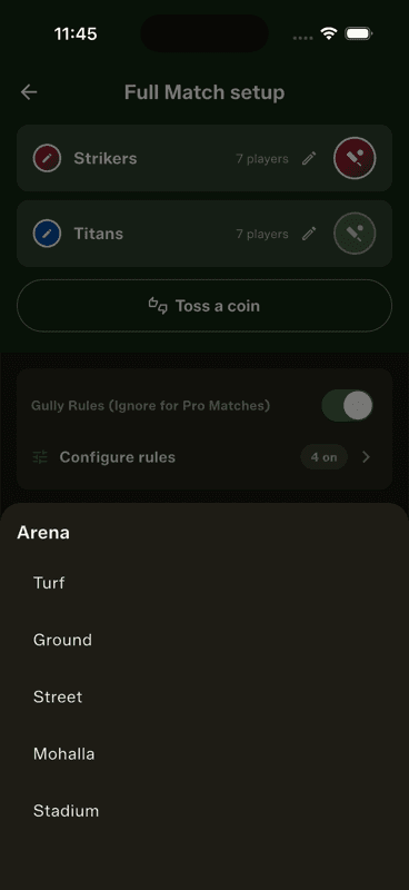 Choose arena and ball