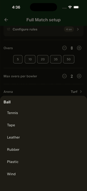 The Ball picker listing Tennis, Tape, Leather, Rubber, Plastic and Wind