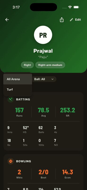 The Arena filter open on a player profile, with All Arena selected