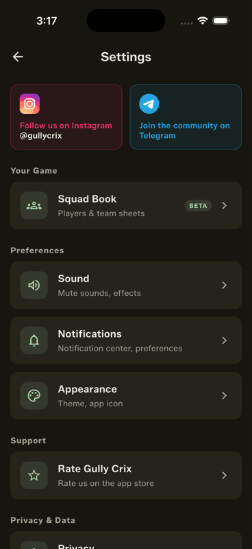 The Settings screen showing Sound, Notifications and Appearance under Preferences
