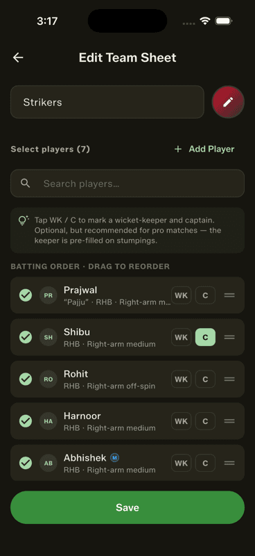 The team sheet editor showing the batting order section with drag handles beside each player