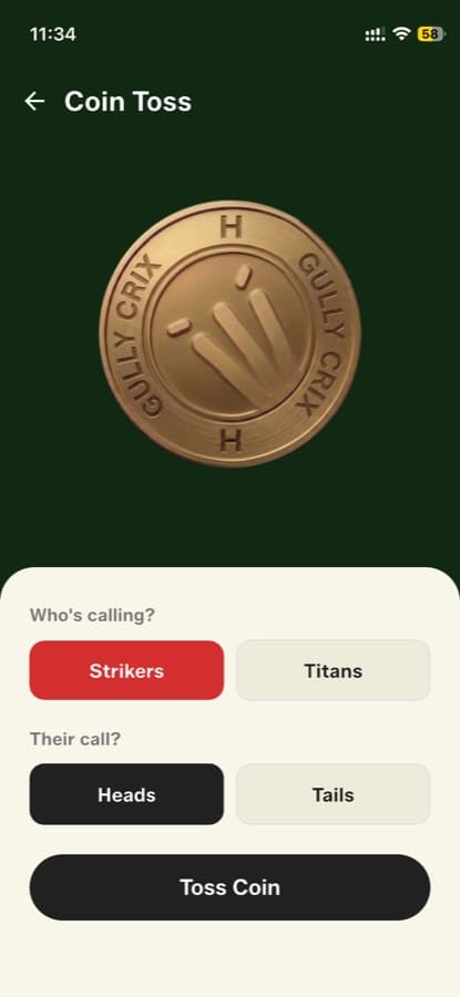 Pick the calling team, call Heads or Tails, then tap Toss Coin