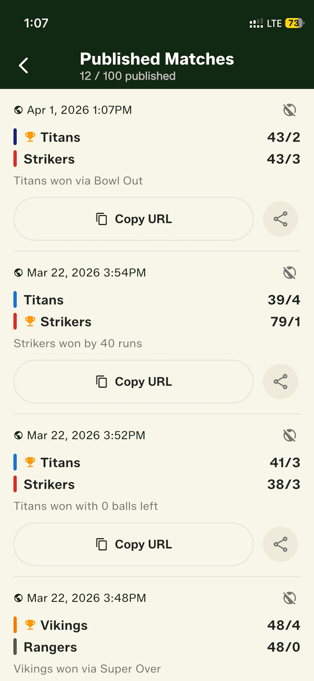 View all your published matches from the home screen