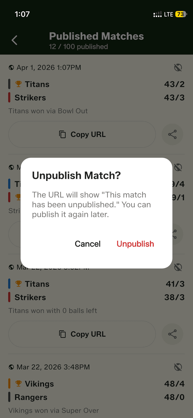Unpublish any match at any time