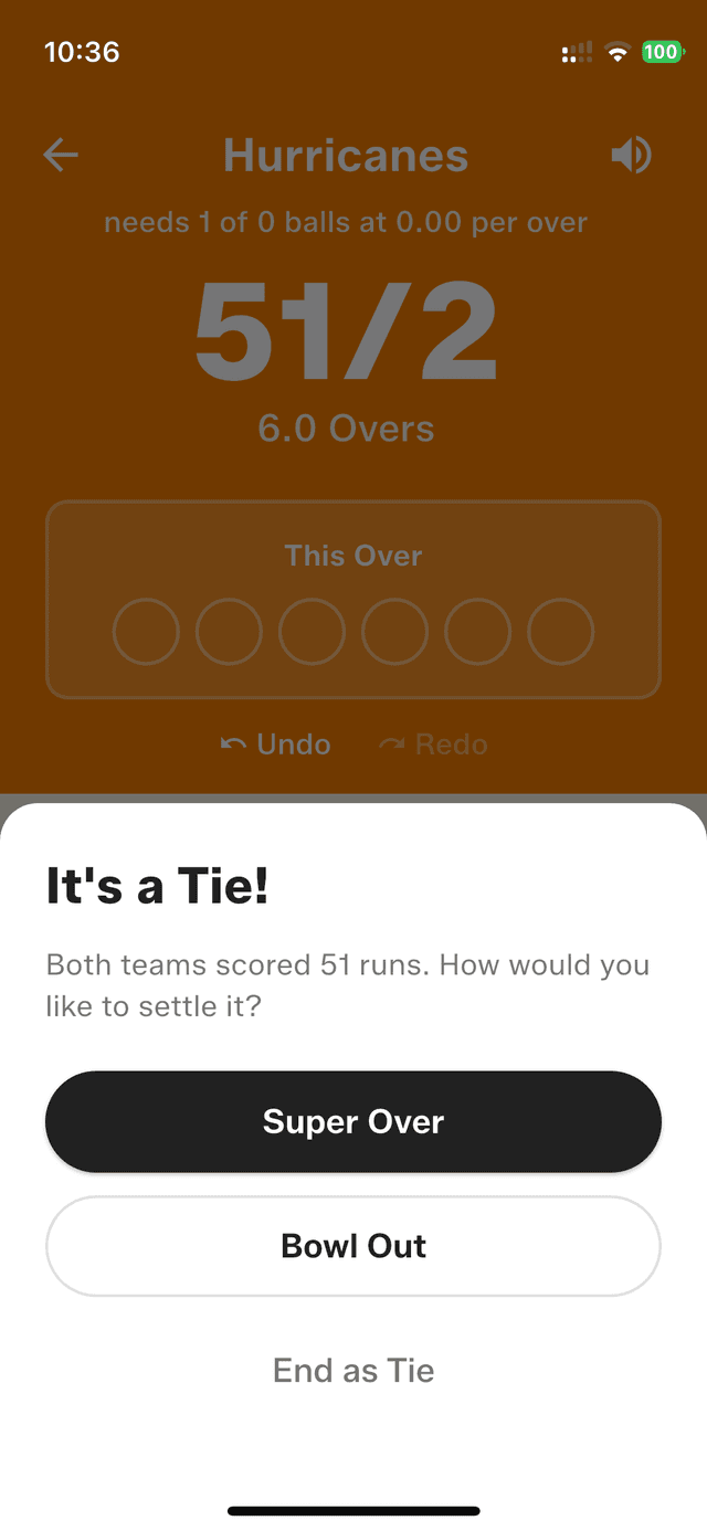 Both teams tied — choose Super Over, Bowl Out, or end as a tie