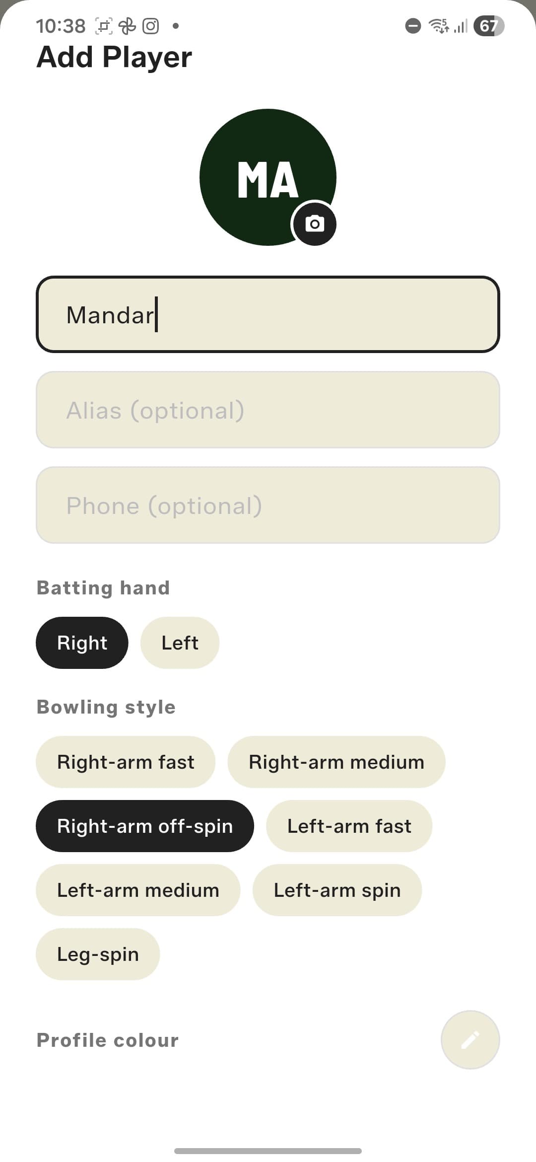 Add a player with batting hand, bowling style, photo, and profile colour