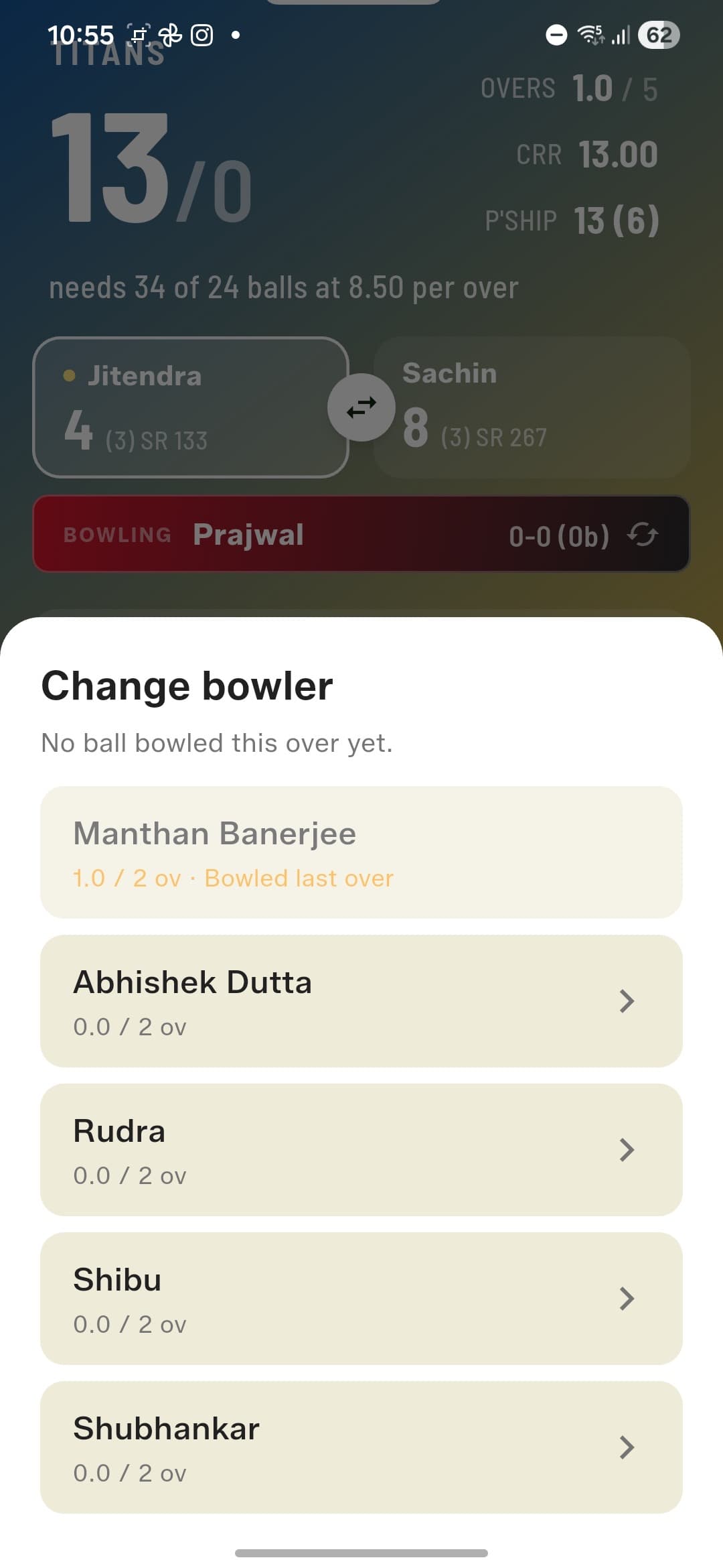Change a bowler before their first ball — or mid-over if they're injured