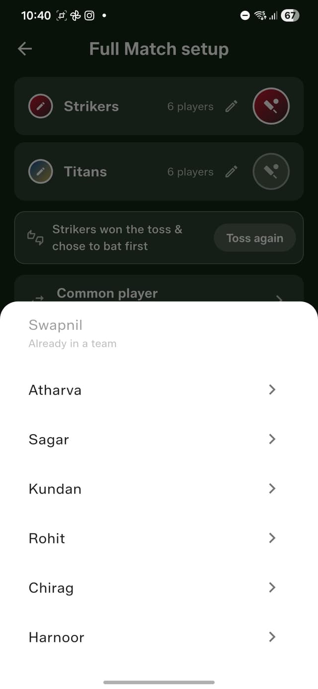 Common player picker in GullyCrix full match setup
