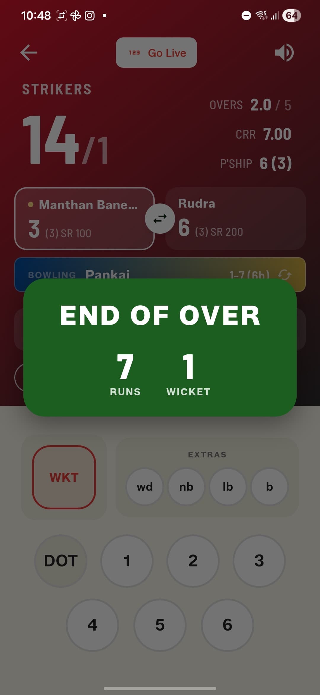 End of over summary — runs and wickets at a glance