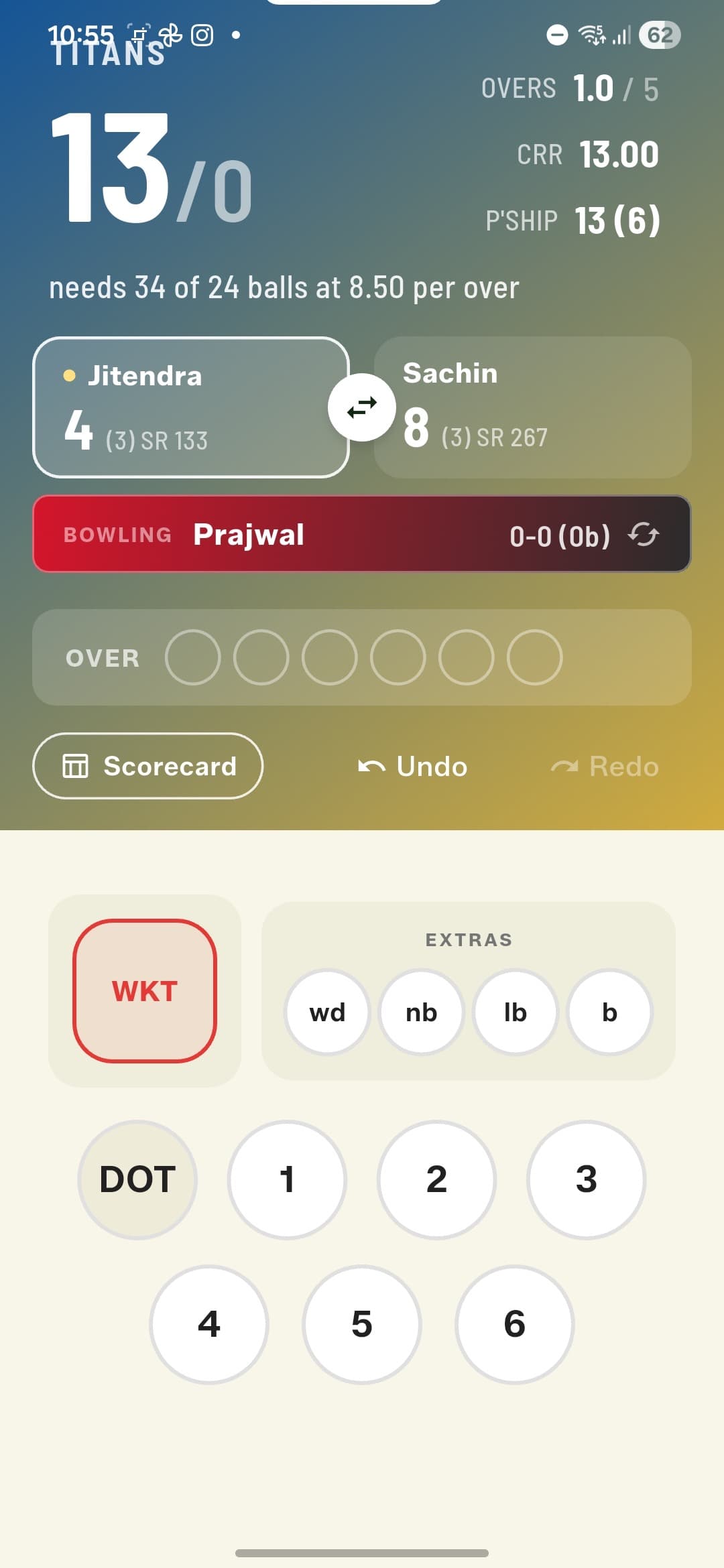 Second innings — the screen swaps to the chasing team's colours, with the chase equation up top