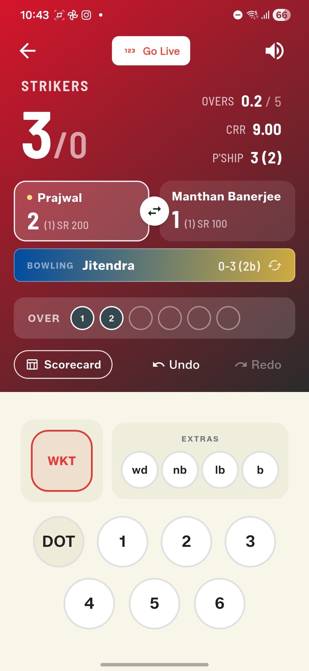 The new Full Match scoring screen — both batters, partnership, and the bowler in their team's colours
