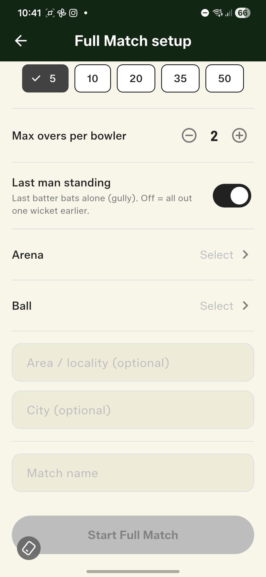 Overs, bowler caps, Last Man Standing, arena, and ball type