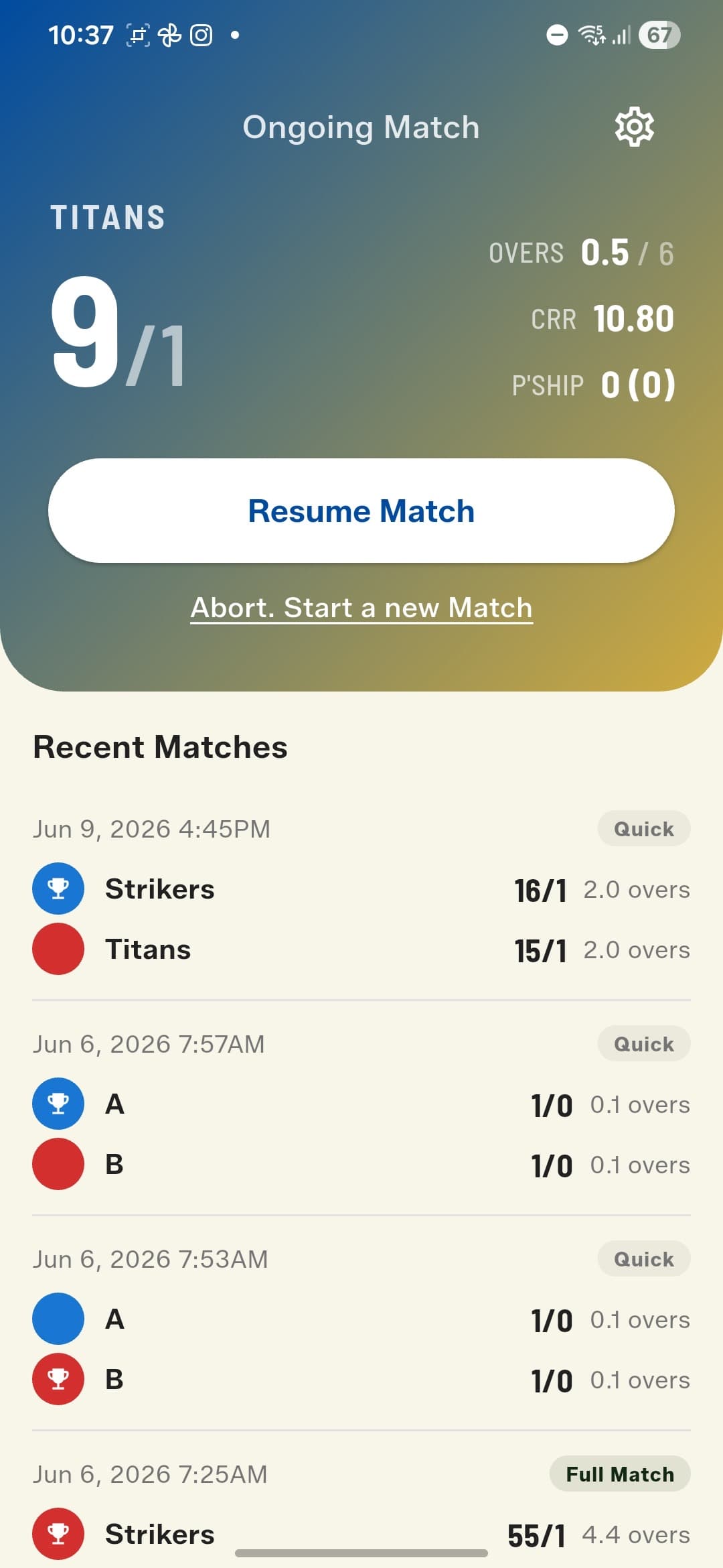 Recent Matches now badges every game as Quick or Full Match
