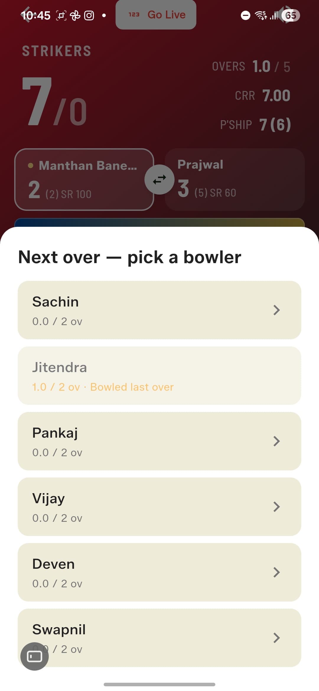 Next over — quotas enforced, and last over's bowler is locked out