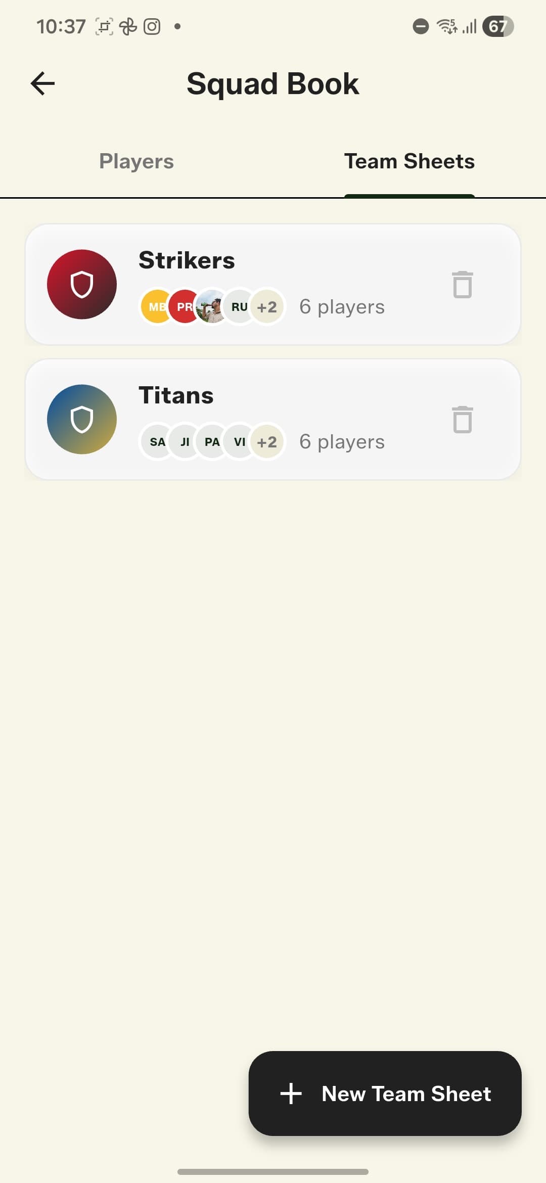 Team Sheets — reusable teams built from your Squad Book
