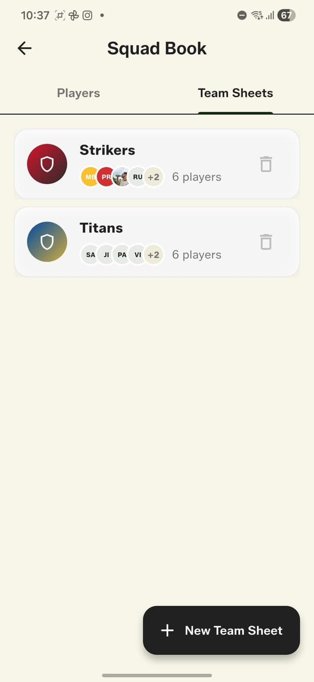 Team sheets tab