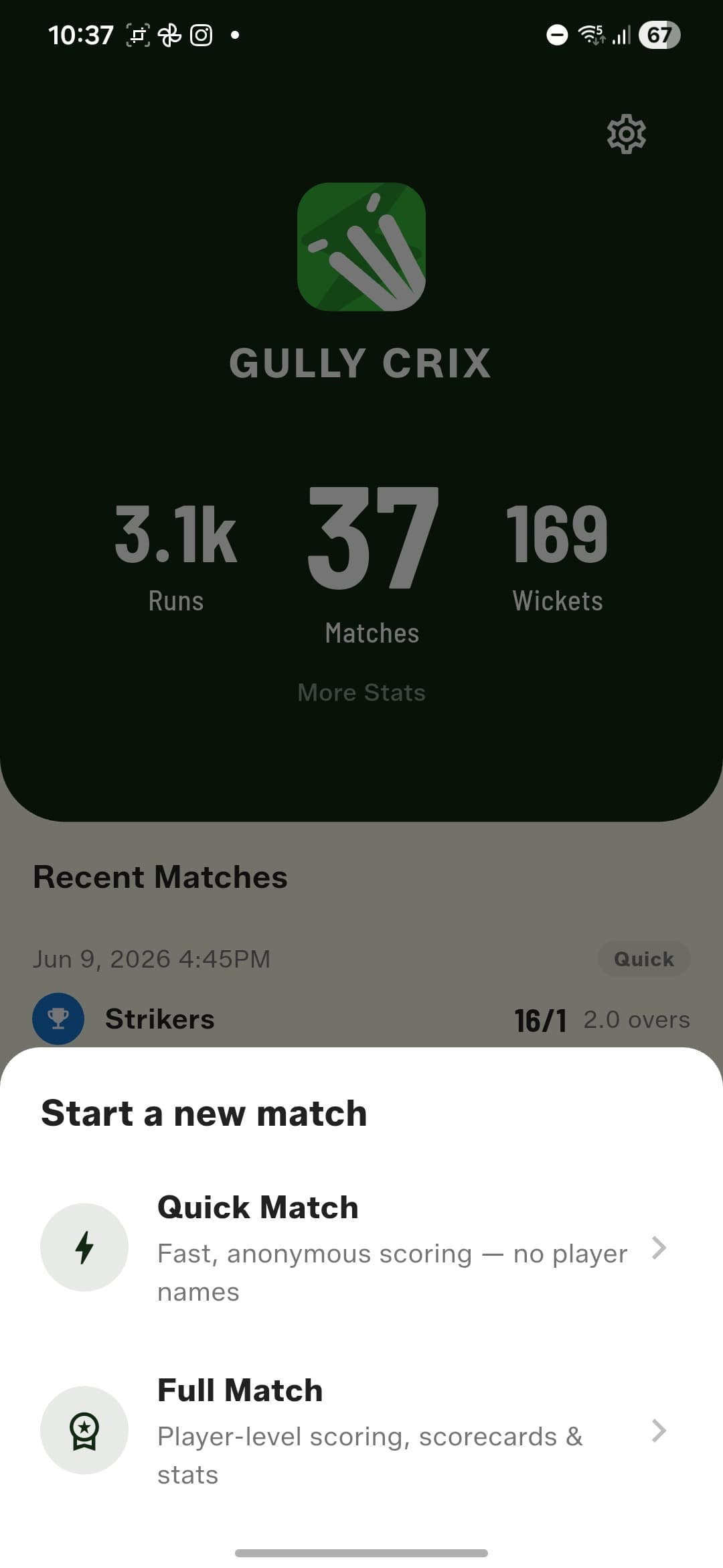 Two ways to score — Quick Match for speed, Full Match for player-level scoring