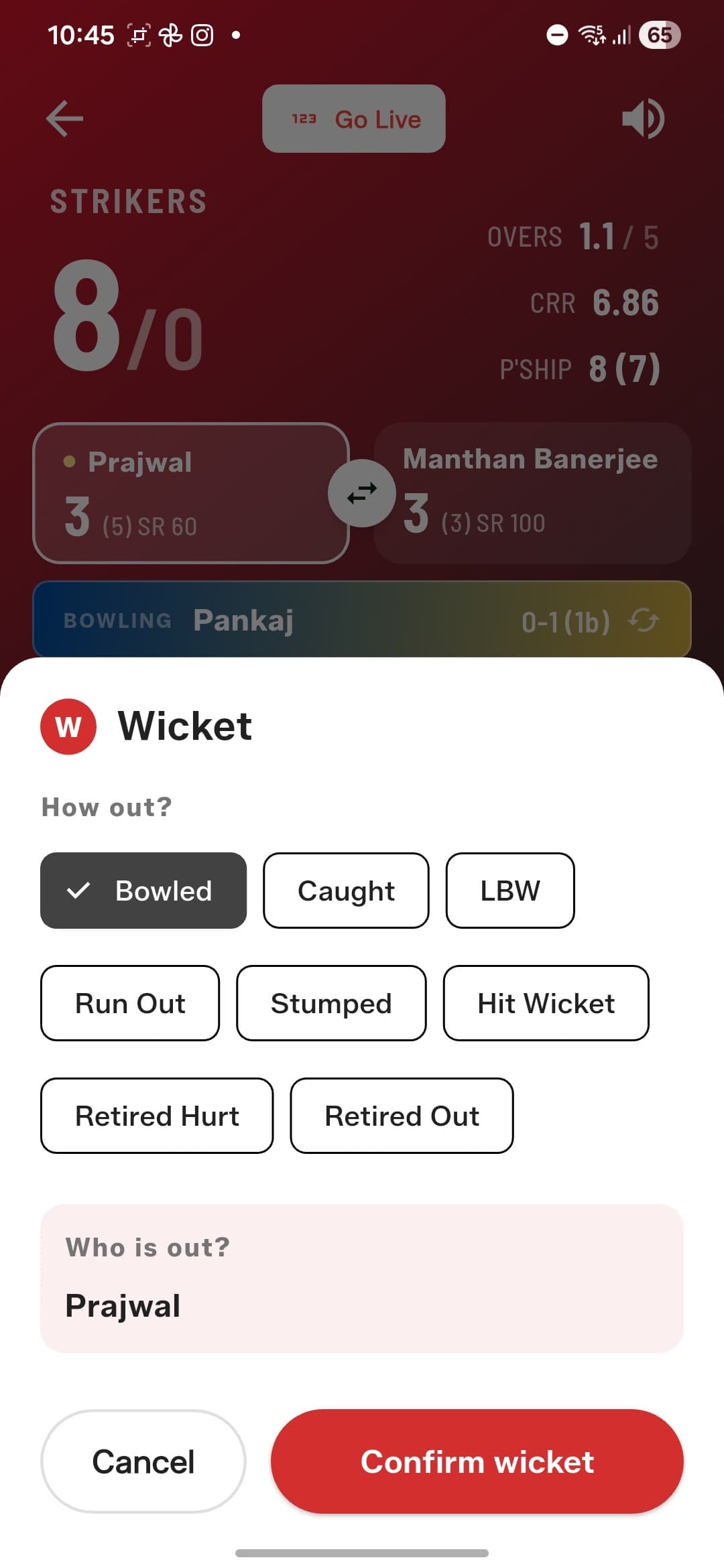 Wicket flow — bowled, caught, LBW, run out, stumped, hit wicket, retired