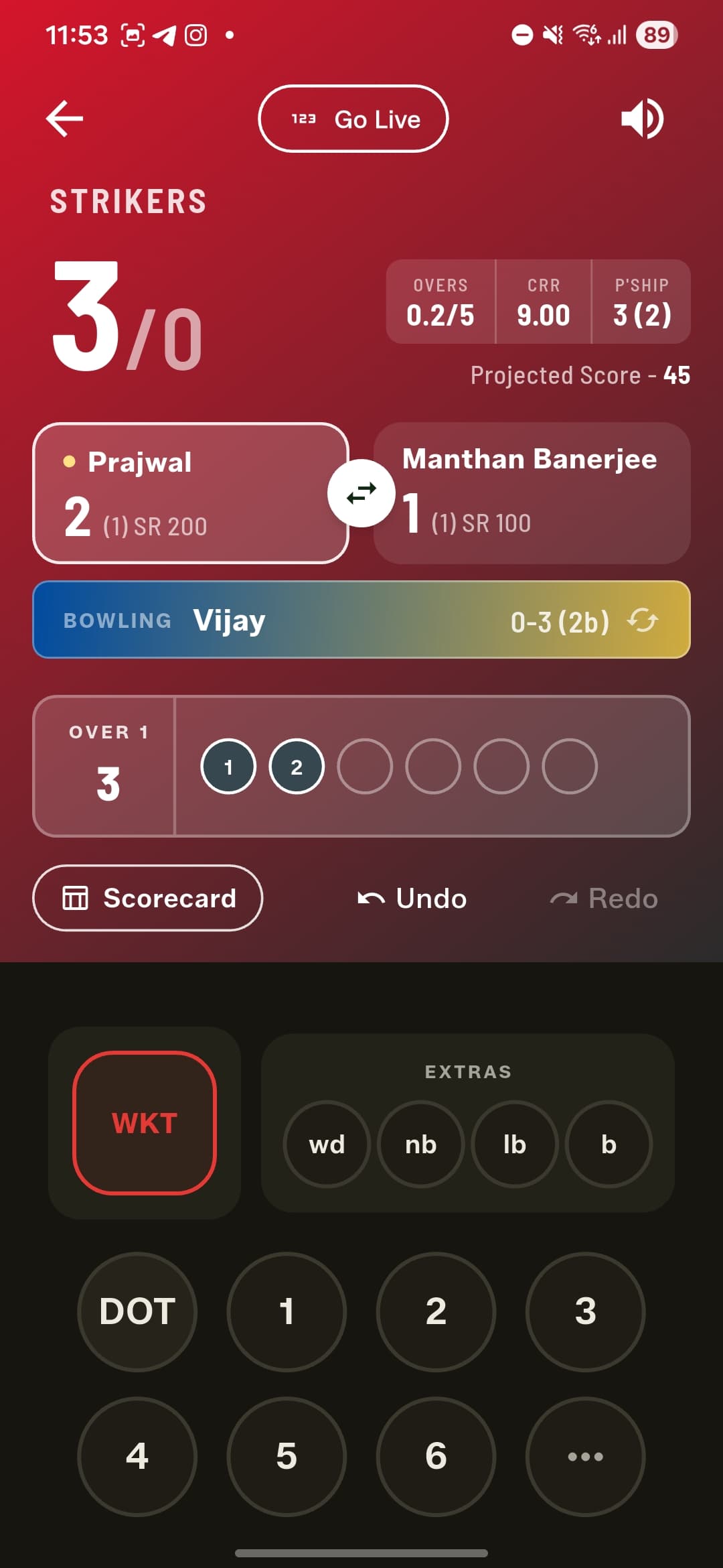 The Full Match header — overs, current run rate, the partnership at the crease and a projected score