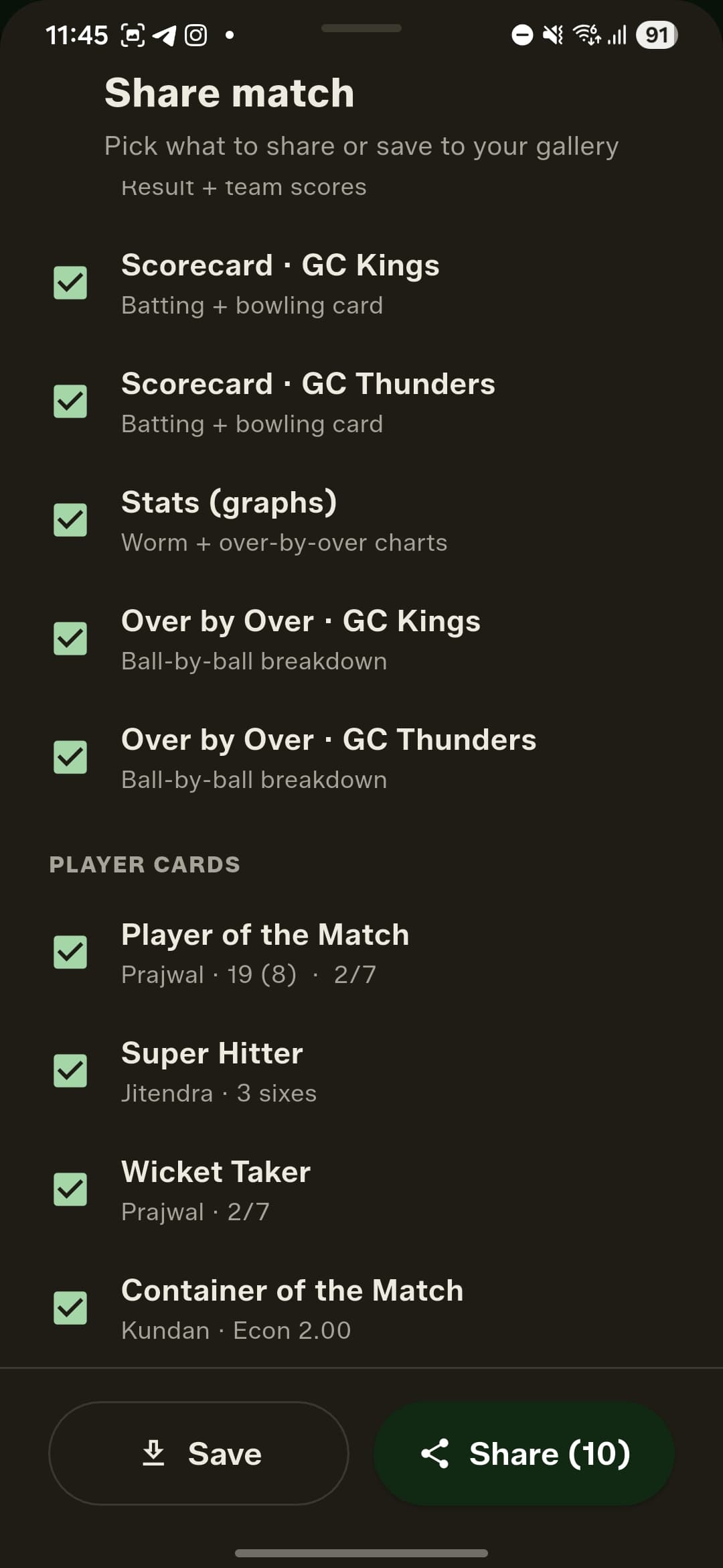 Player cards — Player of the Match, Super Hitter, Wicket Taker and Container of the Match