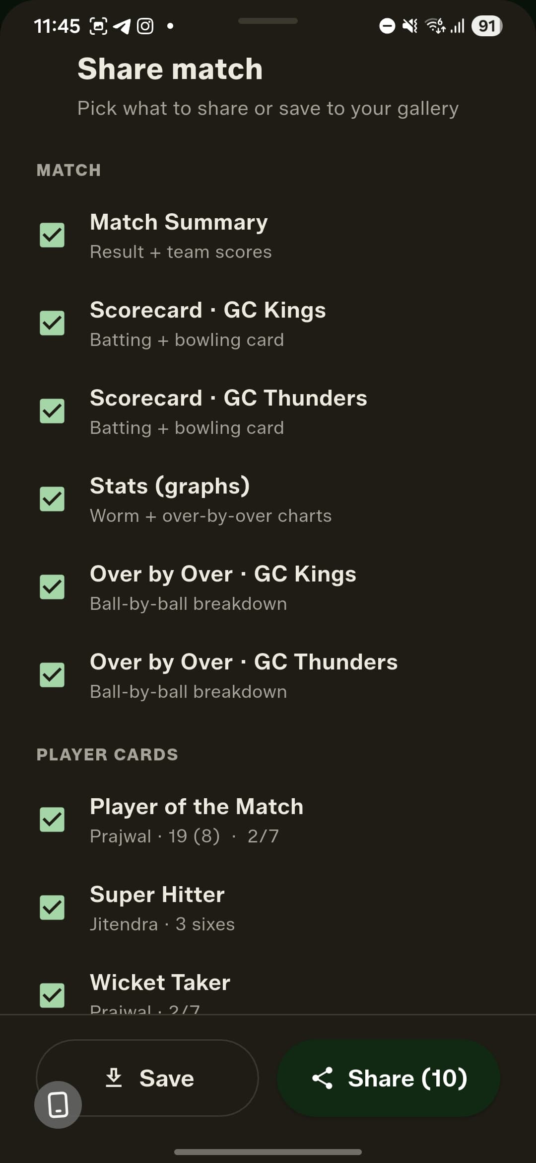 Share match — pick exactly what to send or save: summary, scorecards, stats graphs, over-by-over and player cards