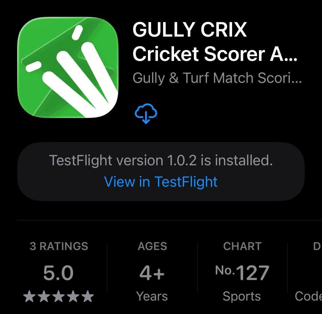 Gully Crix listed at No. 127 in the Sports chart on Apple's App Store