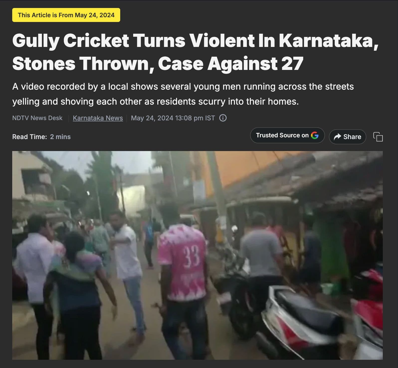 NDTV headline: ‘Gully Cricket Turns Violent In Karnataka, Stones Thrown, Case Against 27’