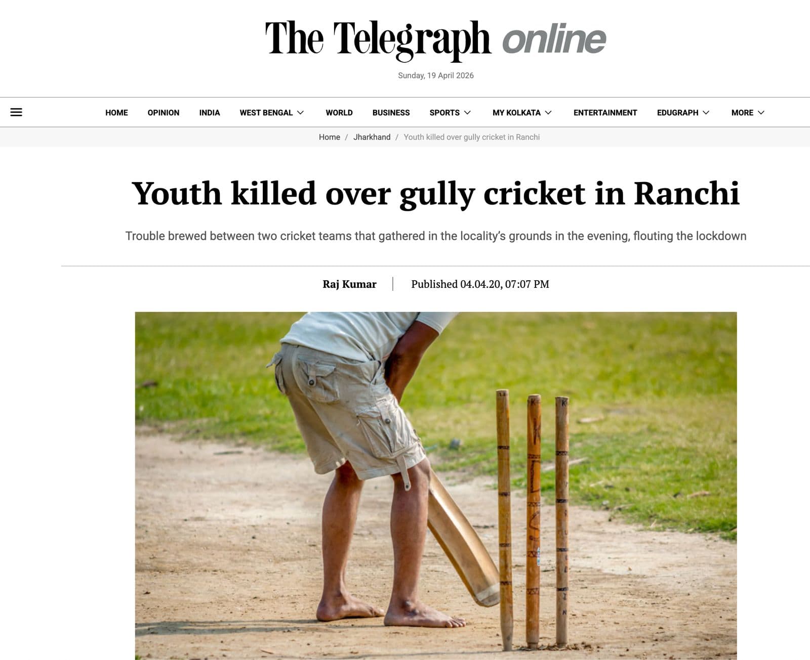 The Telegraph headline: ‘Youth killed over gully cricket in Ranchi’