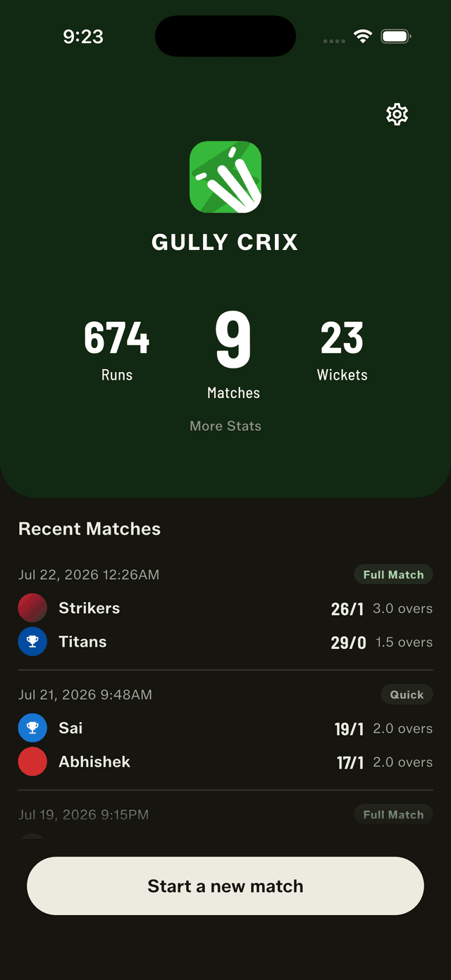 GullyCrix home screen with the Recent Matches list