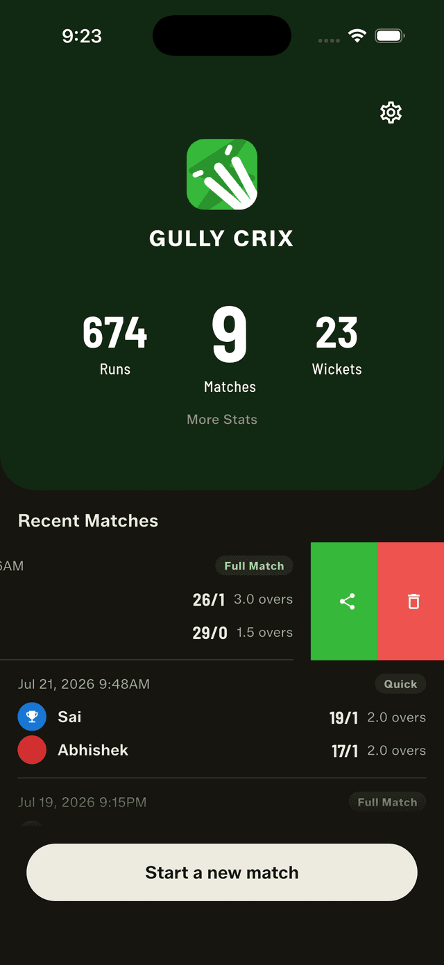 Swiping left on a match in GullyCrix to reveal the green share button