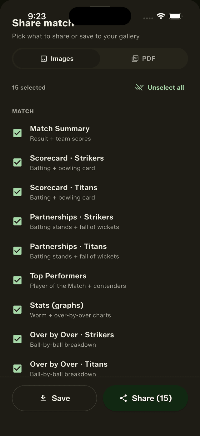 Select all enabled in the GullyCrix share sheet with 15 cards selected