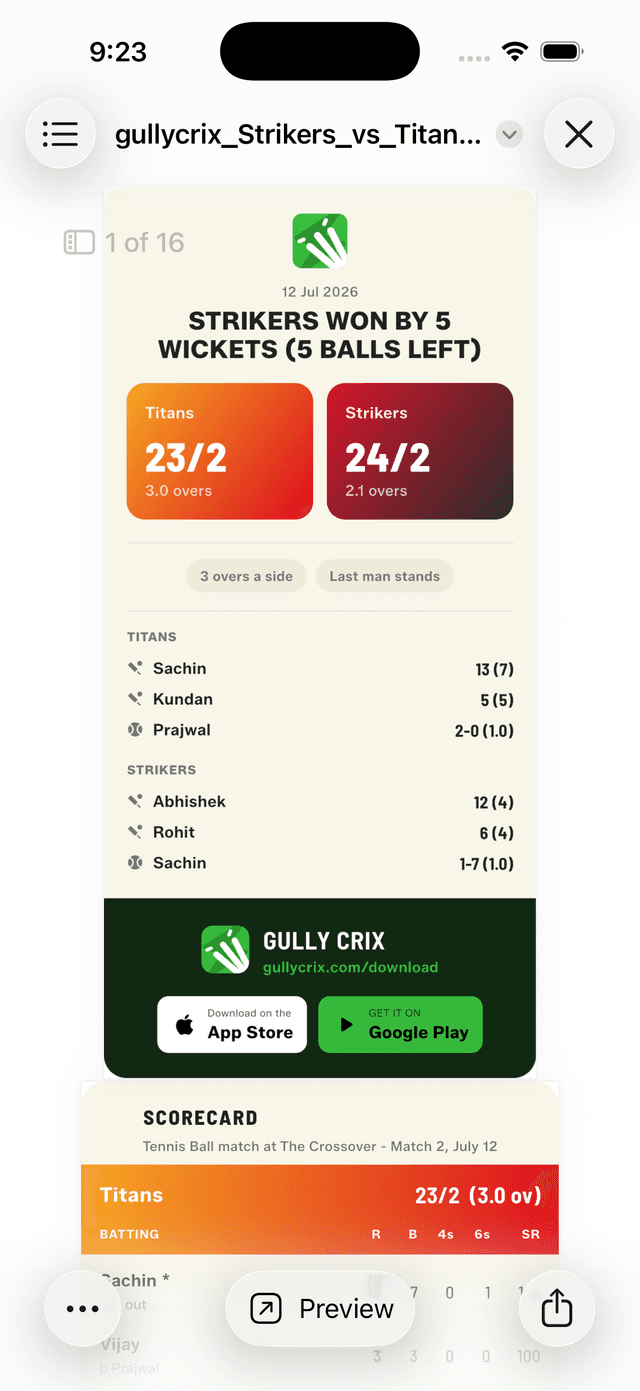 The finished GullyCrix match PDF — a 16-page document starting with the match summary