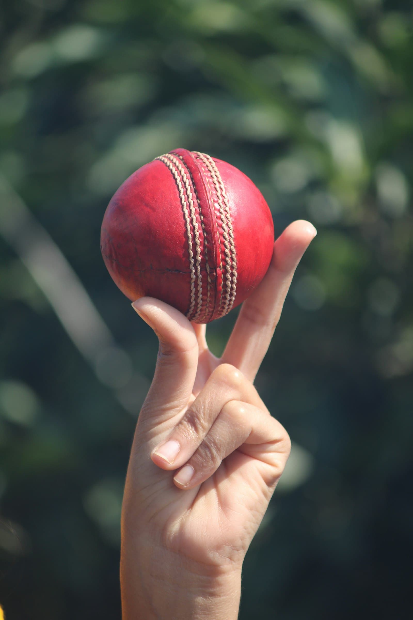 One hand holding a red cricket ball up against a leafy background