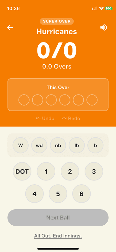 Super Over scoring — same interface, one over to win it