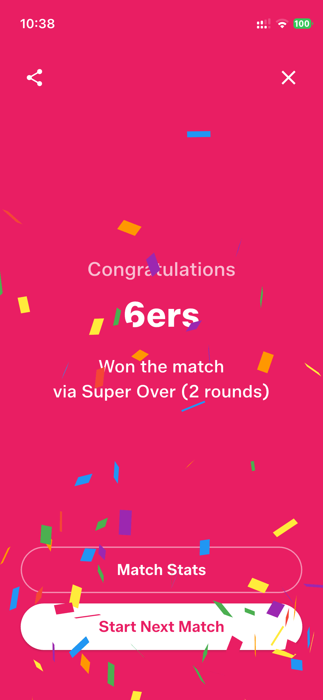 Gully Crix result screen: won the match via super over in two rounds