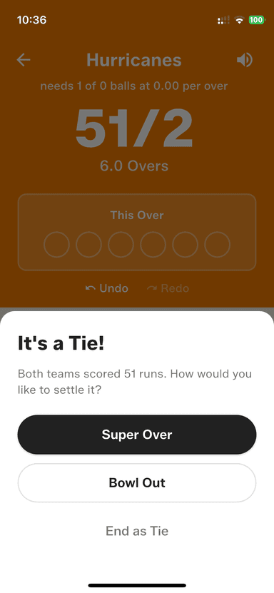 Both teams tied — choose Super Over, Bowl Out, or end as a tie