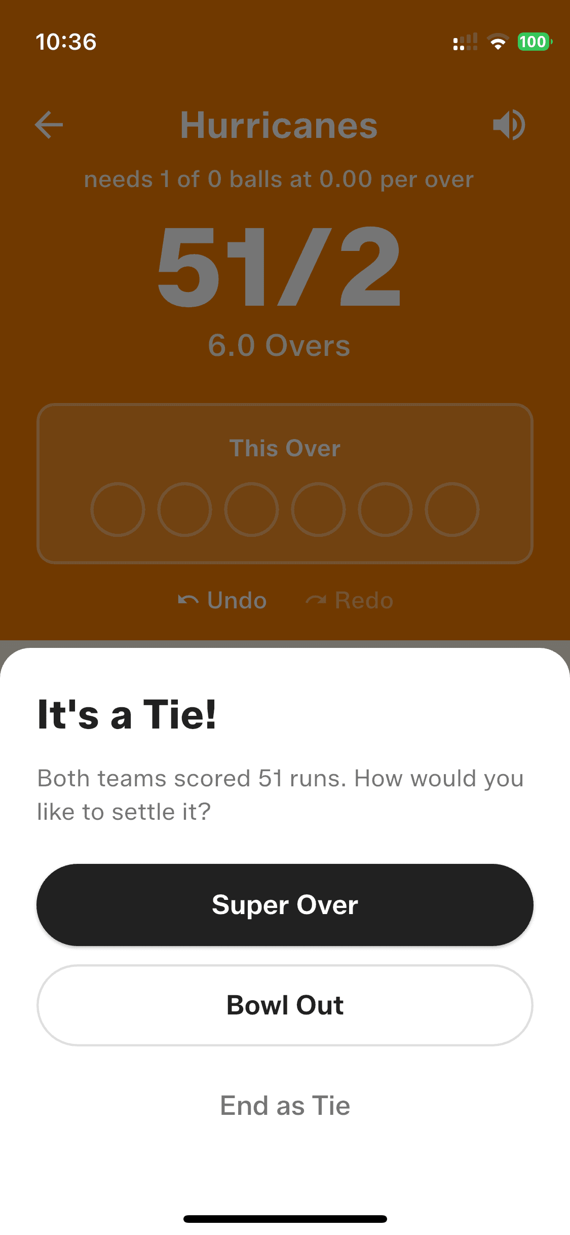 Gully Crix tie prompt offering Super Over, Bowl Out or End as Tie