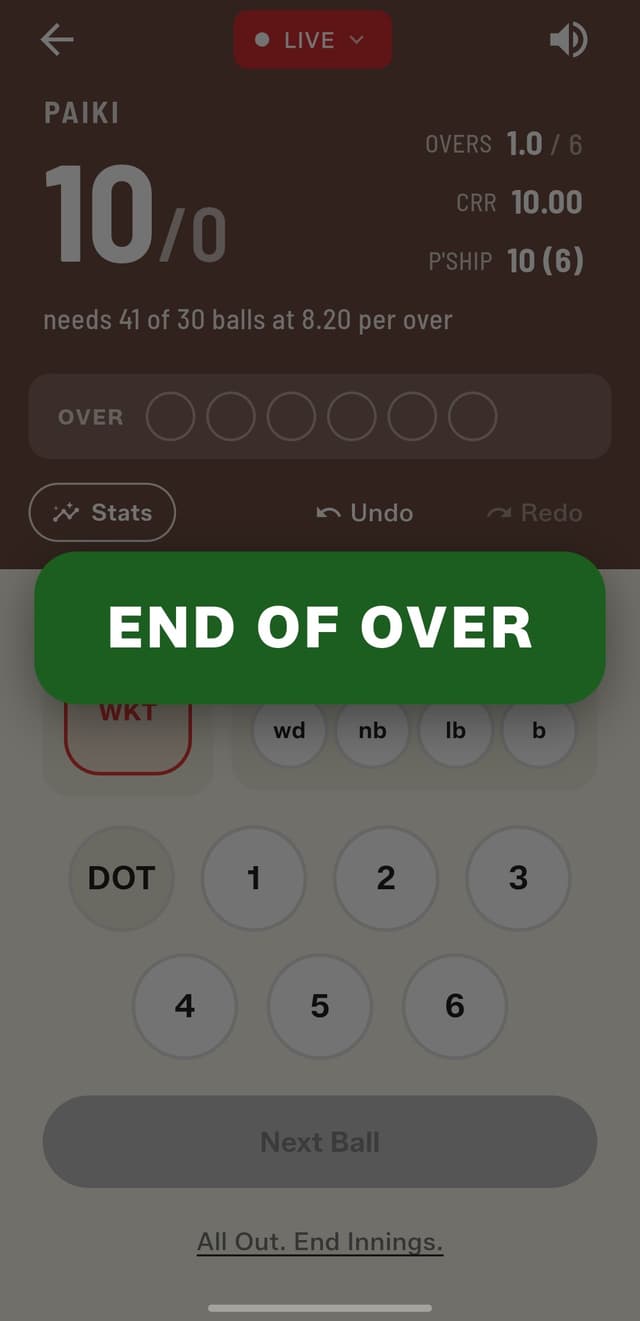 End of Over summary — a recap before the next over begins